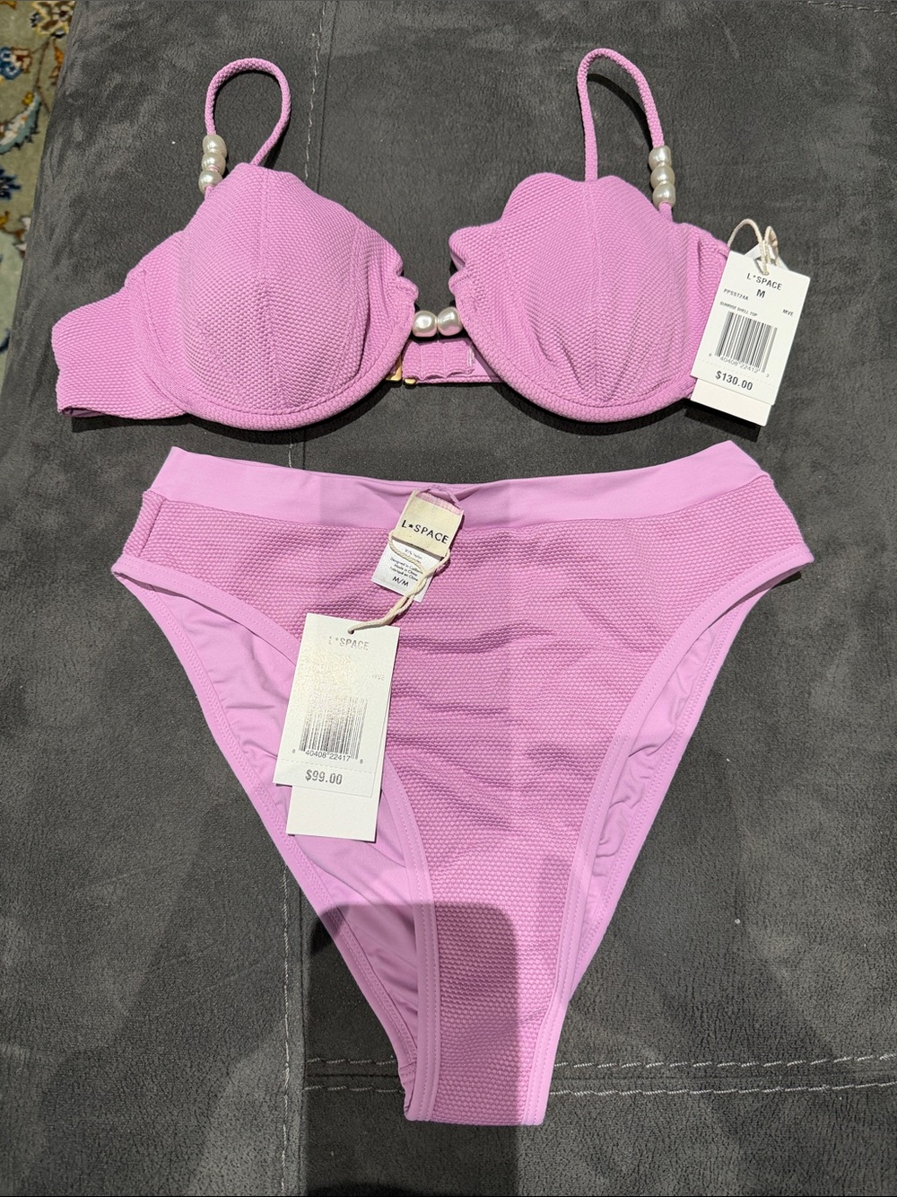 Anthropologie L* SPACE  Lilac Pearl-Trim Balconette Bikini Set